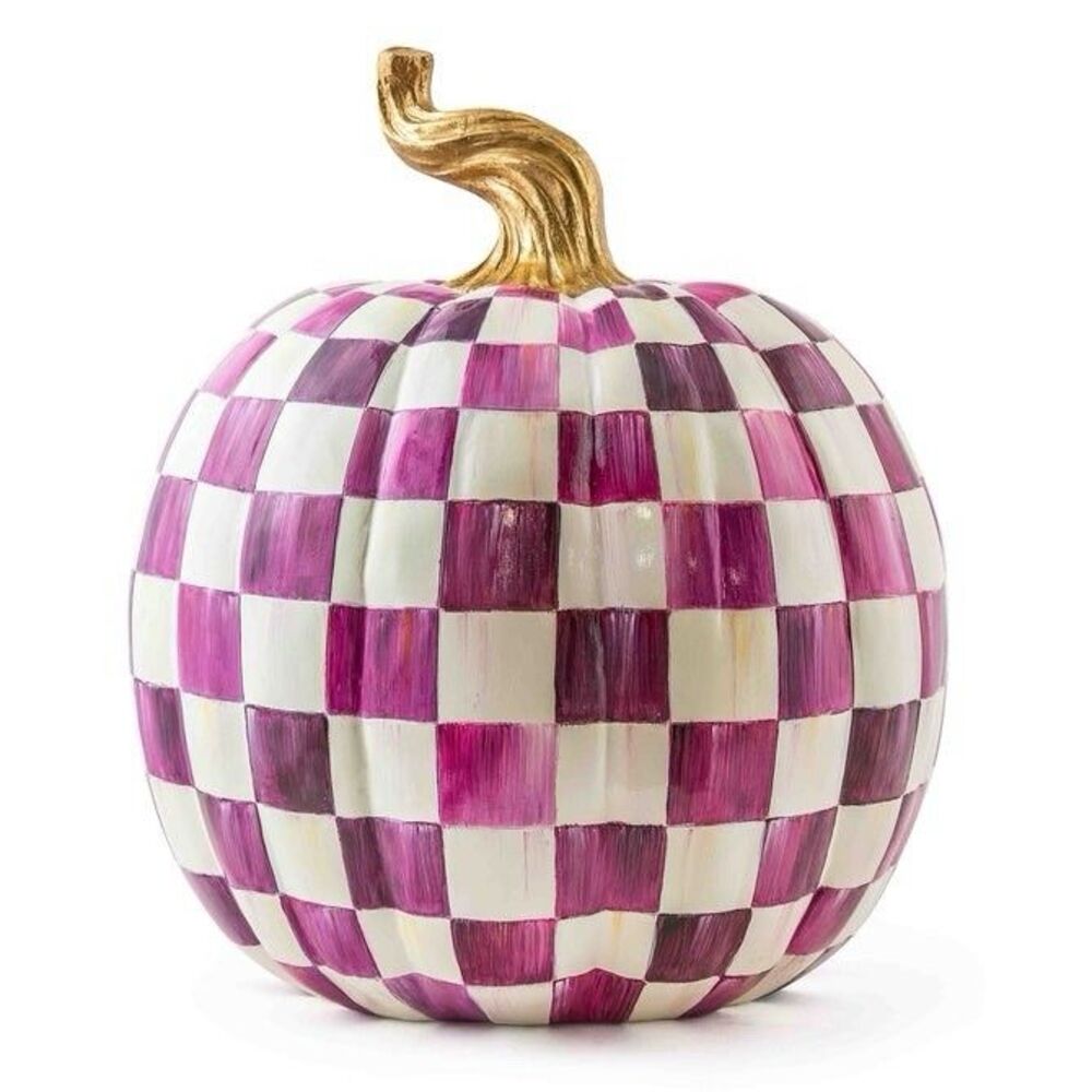 MacKenzie-Childs Plum Check Large Pumpkin 15” Purple Gold Stem Fall Decor